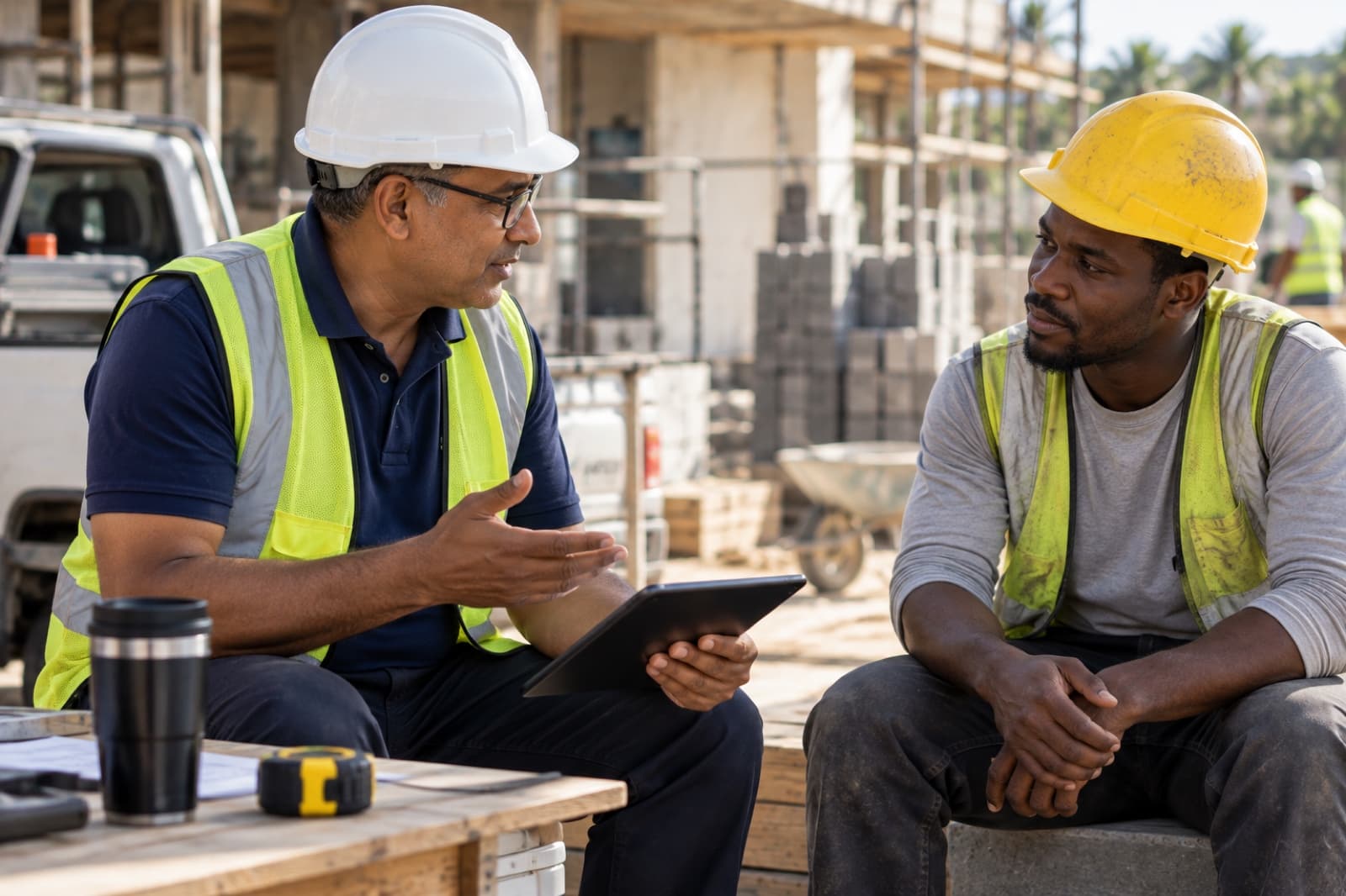 A supervisor speaking calmly with a construction worker, tablet in hand