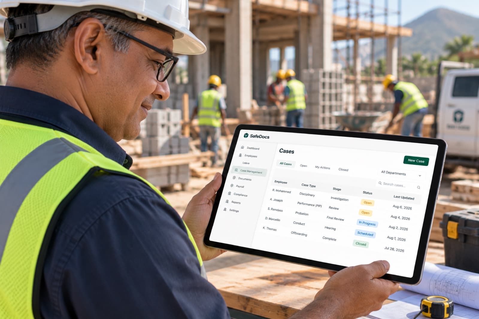 A construction site manager reviewing the Cases table on a tablet