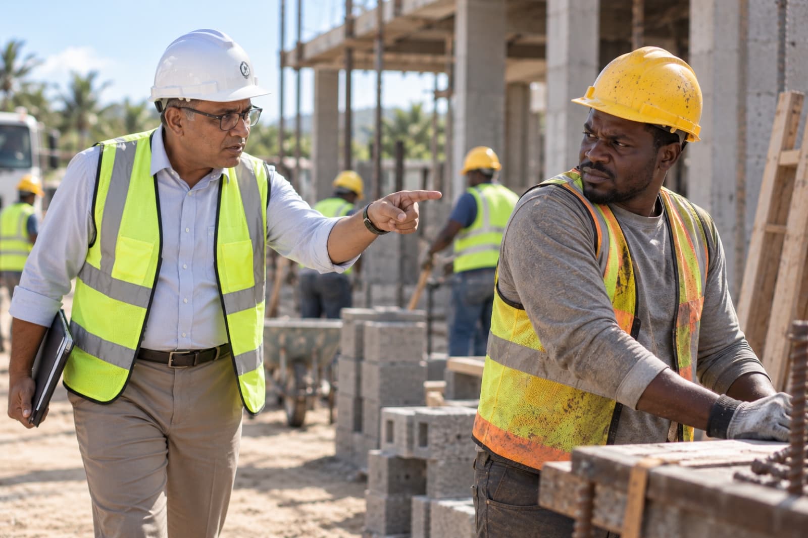 A supervisor pointing while speaking firmly to a construction worker on site
