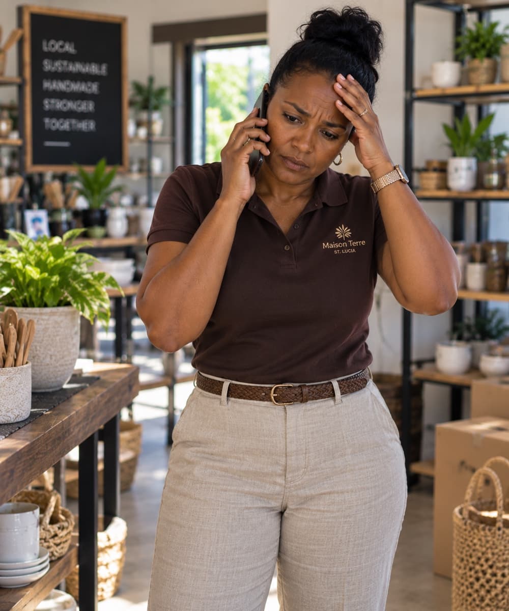 A worried business owner on the phone, hand to her head, in her shop