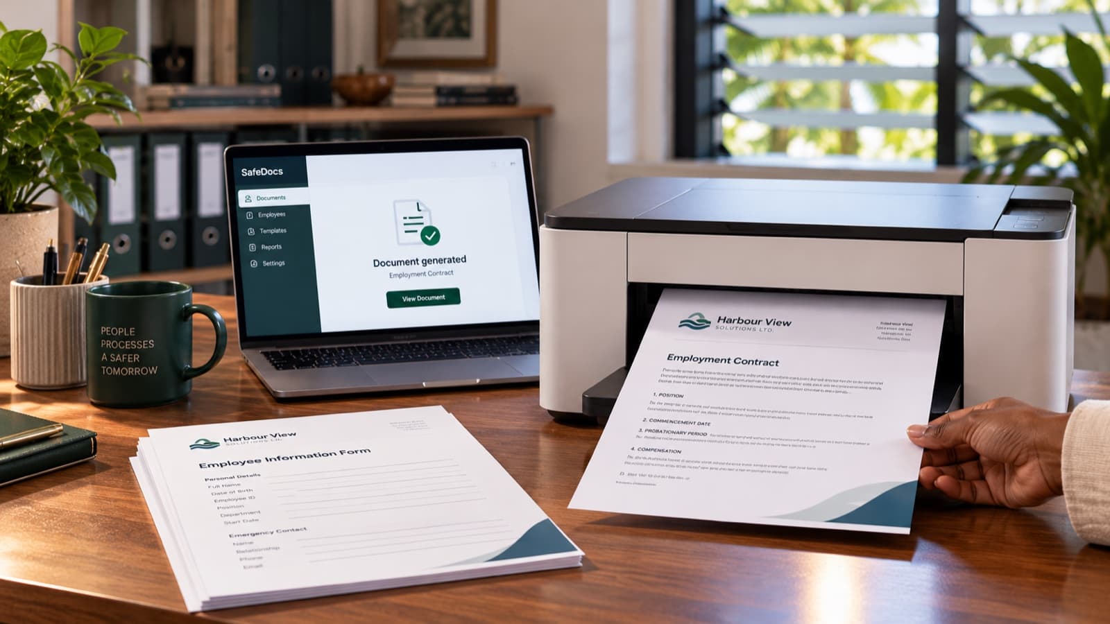 A branded employment contract printing beside a laptop showing a generated document confirmation in SafeDocs