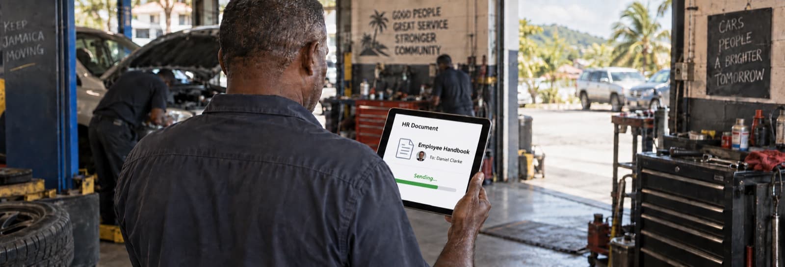 A mechanic in an auto shop viewing an HR document being sent, on a tablet