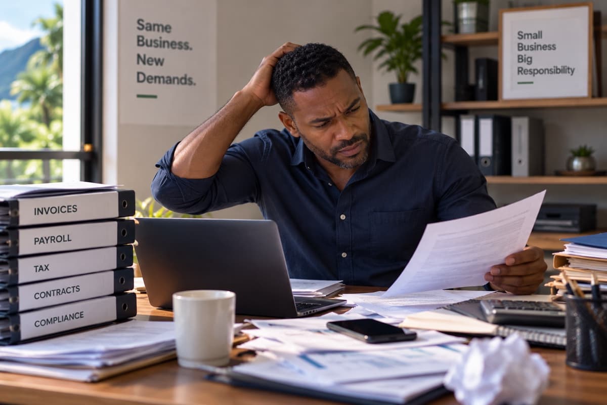 A stressed business owner reviewing paperwork beside a stack of binders labelled Invoices, Payroll, Tax, Contracts and Compliance