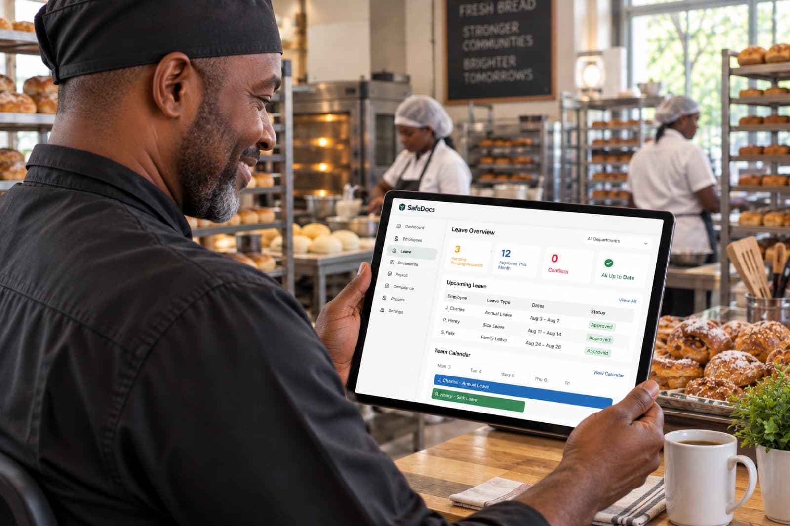 A bakery worker smiling at a tablet showing the leave overview and team calendar