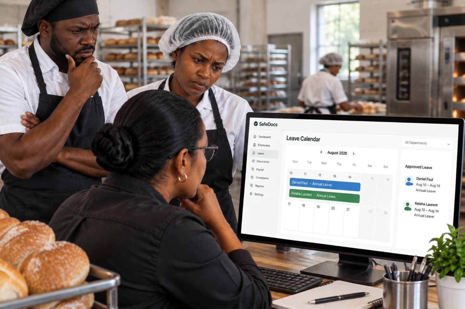 Three worried bakery employees looking at an overlapping leave calendar on a monitor