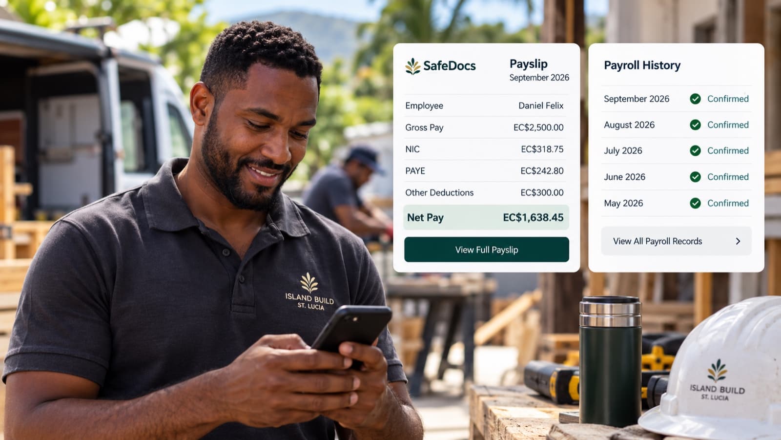 A construction worker smiling at his phone, viewing a SafeDocs payslip and payroll history