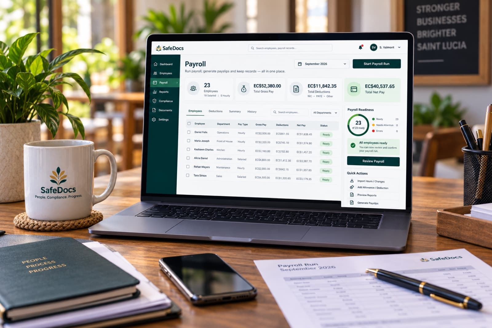 The SafeDocs Payroll screen showing employee pay, deductions and payroll readiness, open on a laptop
