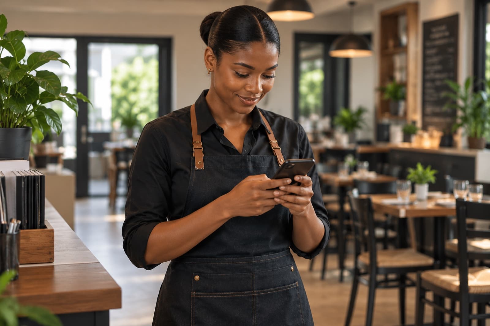 A restaurant worker checking her phone in the dining room