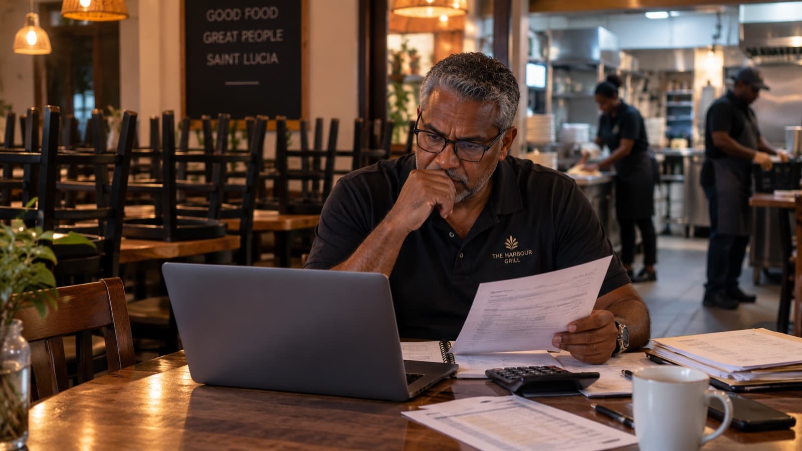 A restaurant owner scrutinising a payroll printout with a calculator, laptop open beside him