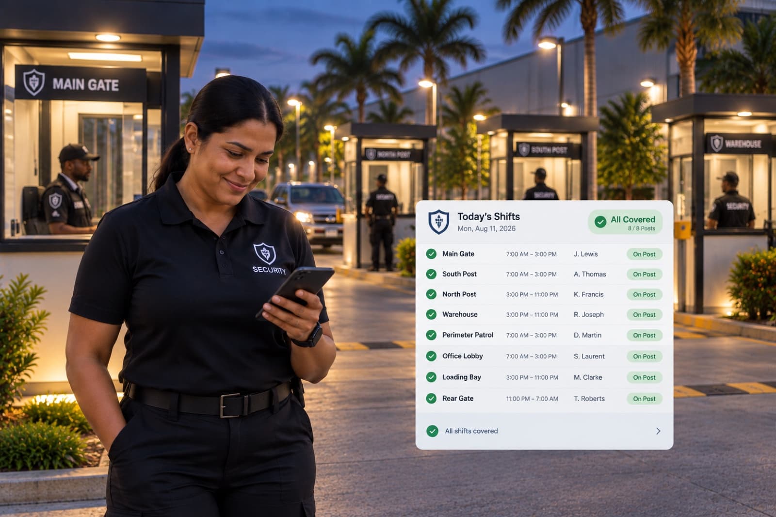 A security guard checking her phone at dusk, with a Today's Shifts panel showing every post covered