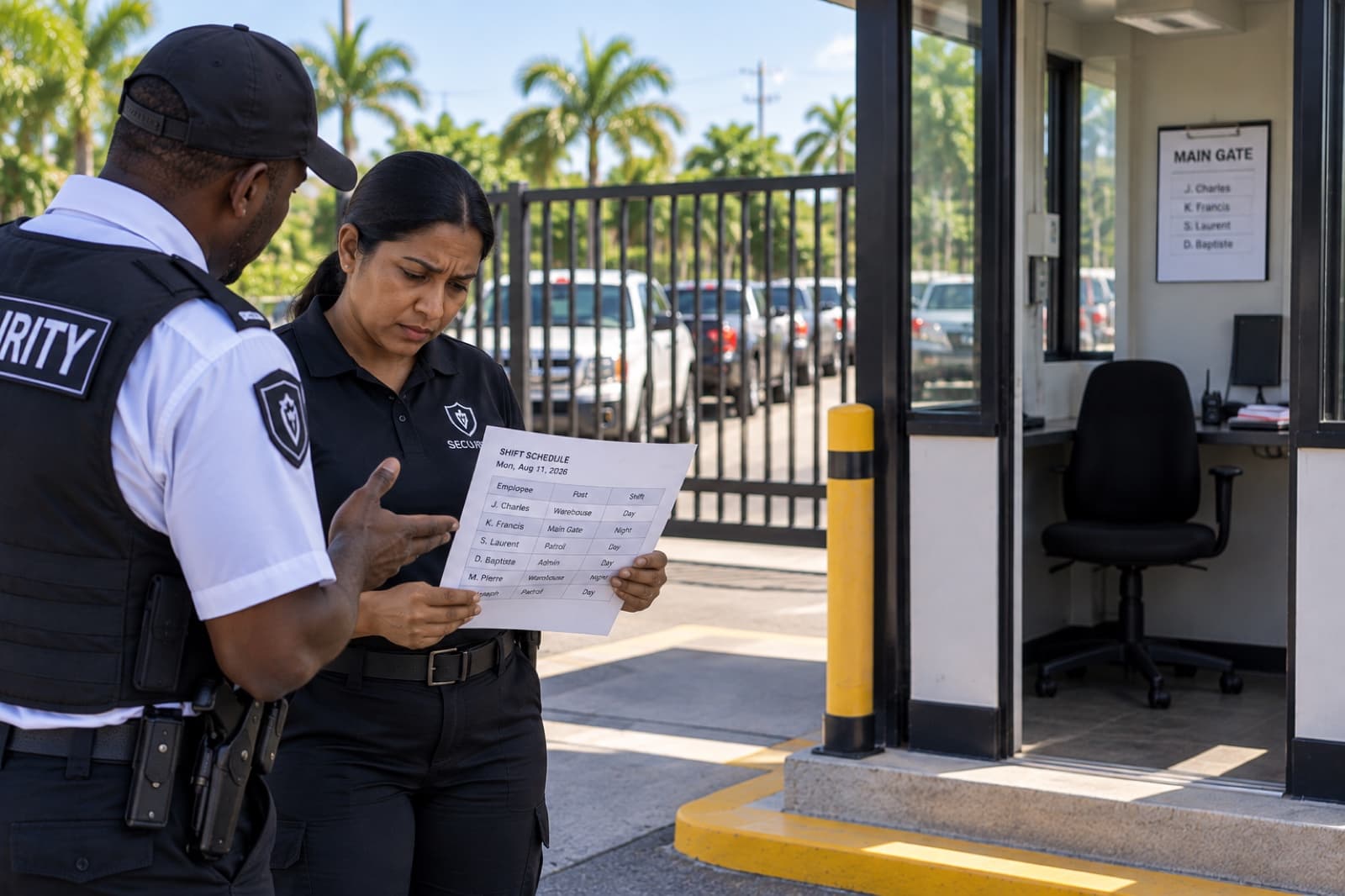 Two worried security guards reviewing a printed shift schedule at a gatehouse