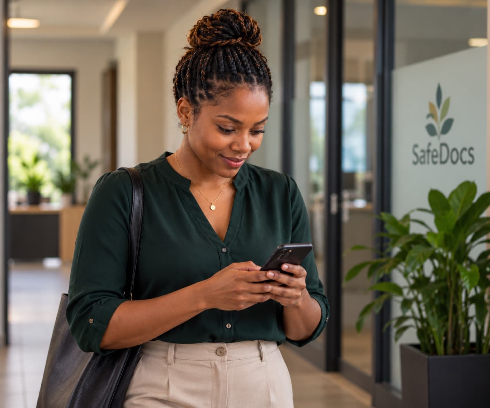 A SafeDocs employee checking her phone in the office lobby