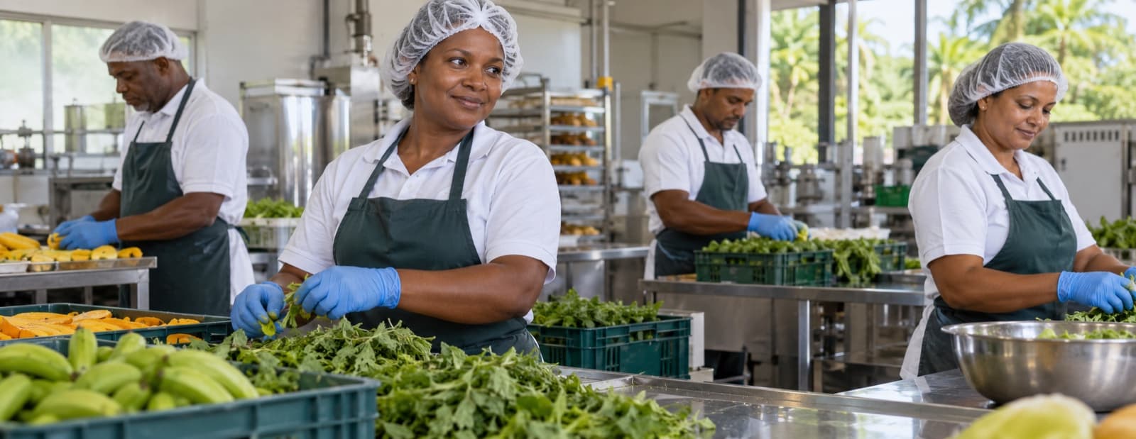A team of food-processing workers in hairnets and aprons preparing produce