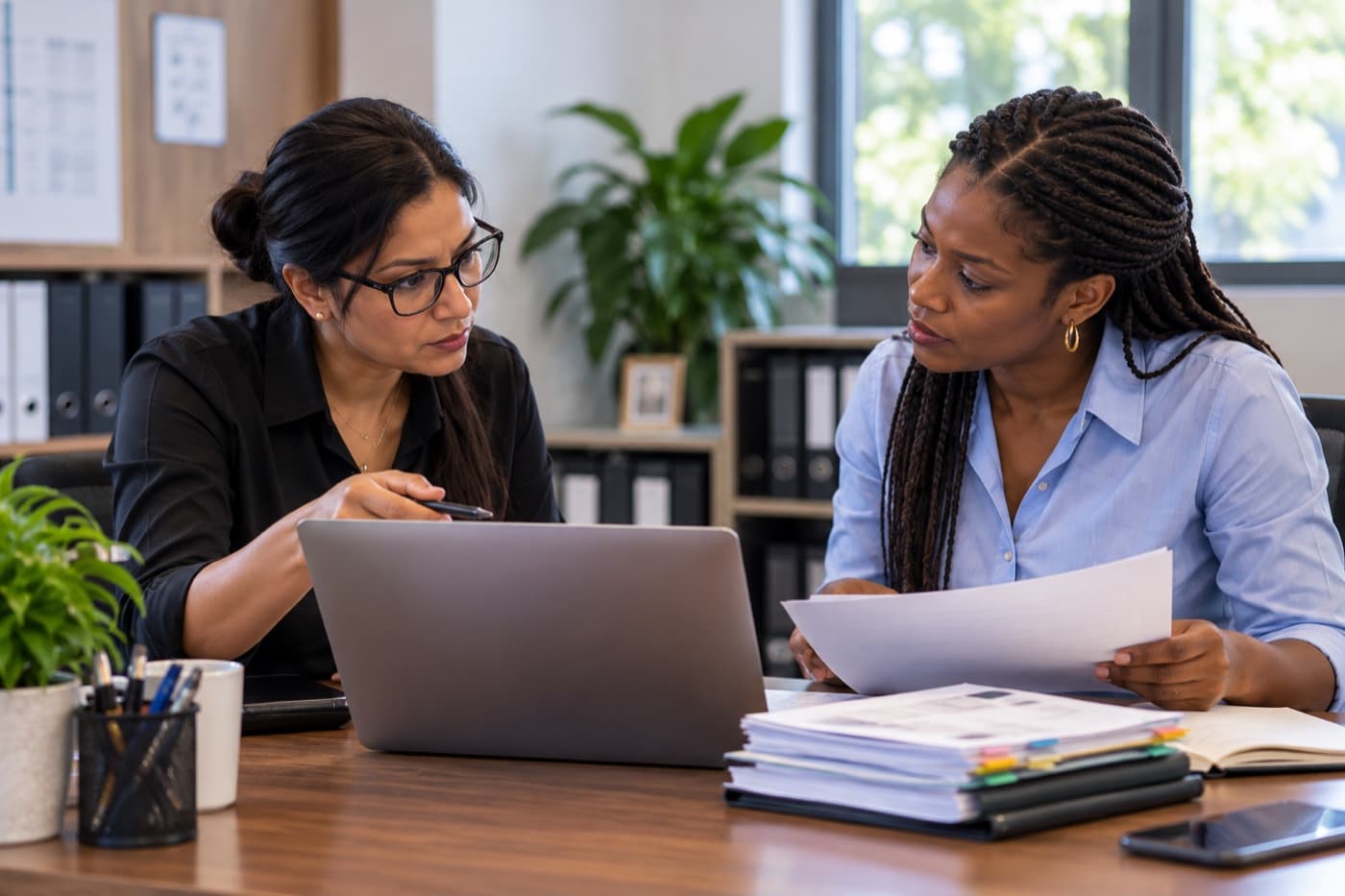 Two colleagues reviewing a personnel file together at a laptop